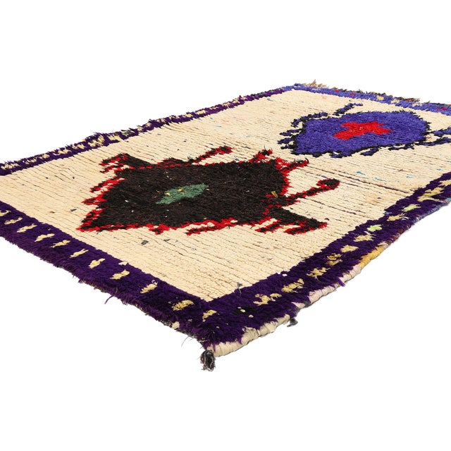 21956 Vintage Azilal Boucherouite Moroccan Rug, 03'11 x 05'09. The Twin Blessings: A Vintage Azilal Moroccan Masterpiece...