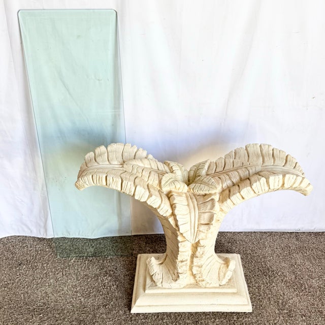 Beige Vintage Boho Chic Resin Banana Leaf Glass Top Console Table For Sale - Image 8 of 10