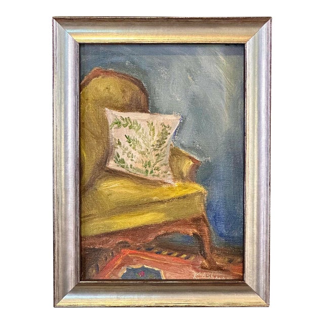 Vintage Wing Chair Interior Still Life Oil Painting, "The Cozy Nook" For Sale