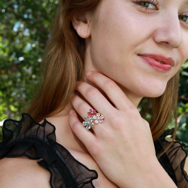 Not Yet Made - Made To Order Nina Zhou 6.46ctw Aquamarine, Morganite, Pink Tourmaline & Diamond Flower Cocktail Ring (All Sizes Available) For Sale - Image 5 of 8