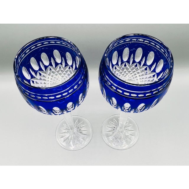 1990s Vintage Crystal Clarendon Hock Wine Glasses from Waterford, Blue Cut in Clear, 1980s, Set of 2 For Sale - Image 5 of 16