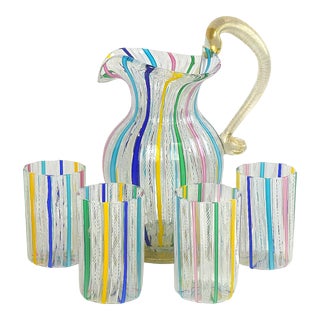 1950's Murano Zanfirico Latticino Attributed Colorful Ribbon Pitcher & Glasses - Set of 5 For Sale