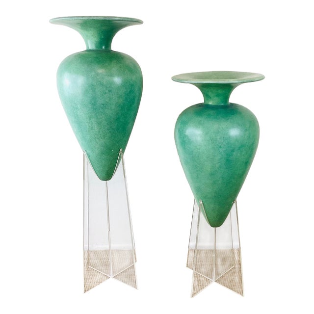 Vintage 1980s Jade Green Oversized Floor Vase Vessel on Lucite Base, a Pair For Sale