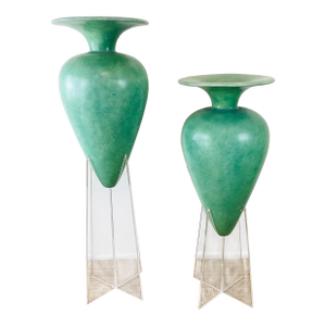 Vintage 1980s Jade Green Oversized Floor Vase Vessel on Lucite Base, a Pair
