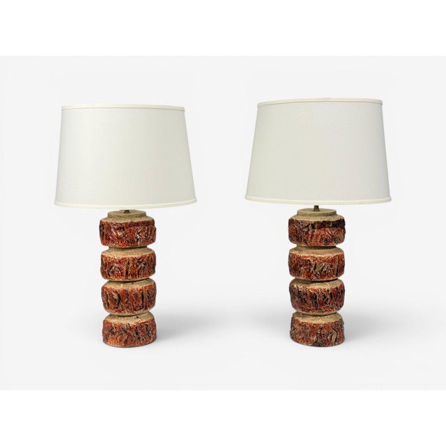 Mid-Century Modern 1970s Bernard Rooke, Brutalist Table Lamps, Beige Textured Ceramic, England - a Pair For Sale - Image 3 of 9