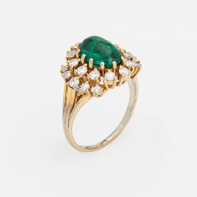 Modern Vintage Cabochon Emerald Diamond 14k Gold Gemstone Engagement Ring Size 5.75 For Sale - Image 3 of 6