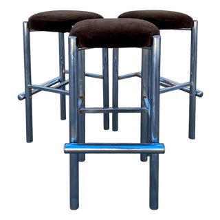 Chrome Bar Stools With Chocolate Velvet Seats, Set of Three,Vintage Mid Century For Sale