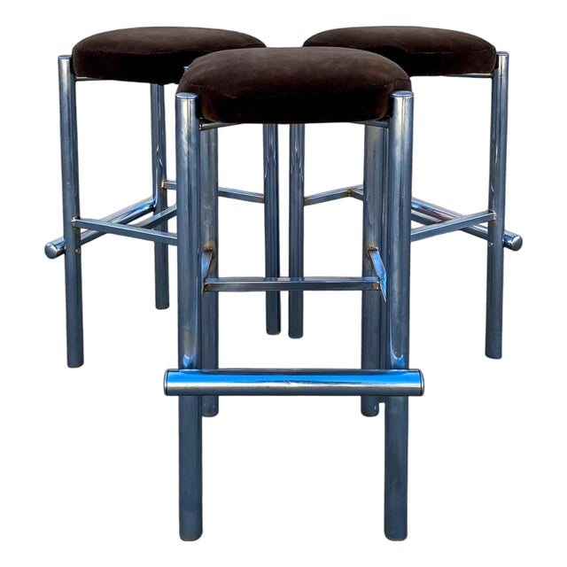Chrome Bar Stools With Chocolate Velvet Seats, Set of Three,Vintage Mid Century For Sale