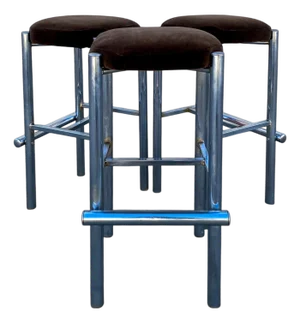Chrome Bar Stools With Chocolate Velvet Seats, Set of Three,Vintage Mid Century