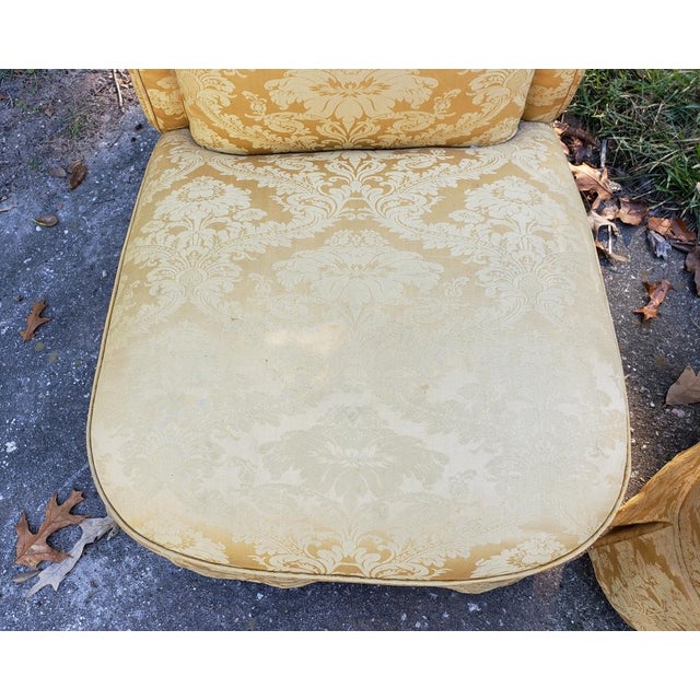 Yellow Pair Scroll-Back Slipper Chairs in Yellow Floral Damask Brocade, Pair For Sale - Image 8 of 8