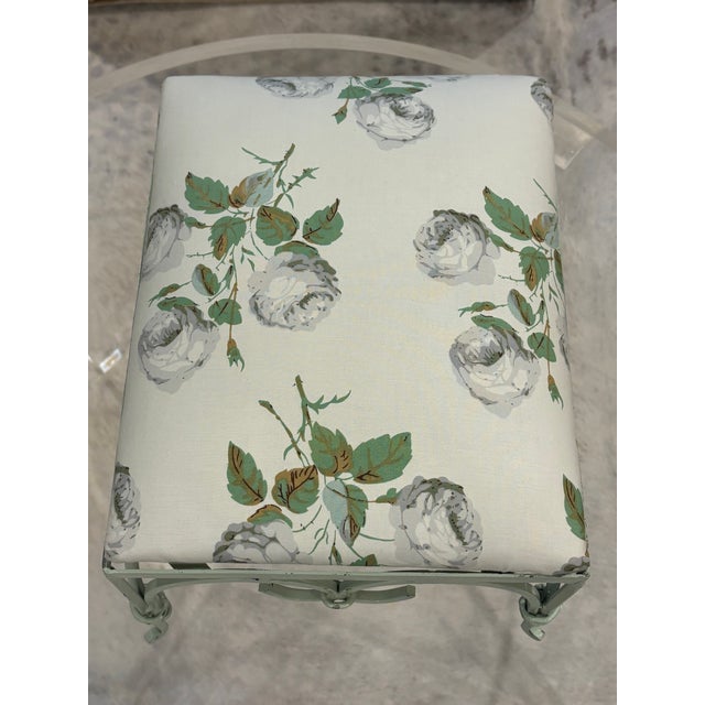 Wood Vintage Iron Foot Stool With Colefax and Fowler “Bowood” Cotton Chintz Upholstered Cushion For Sale - Image 7 of 17