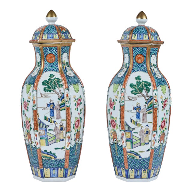 Pair of Early 20th Century Chinese Six Sided Covered Porcelain Vases For Sale