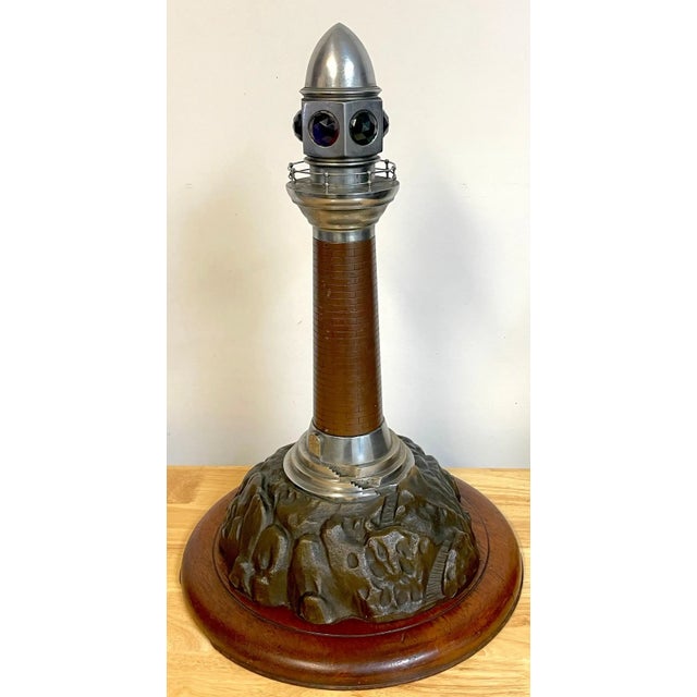 Early 20th Century French Art Deco Bronze, Steel, Crystal and Wood Model of a Lighthouse Lamp For Sale - Image 9 of 12