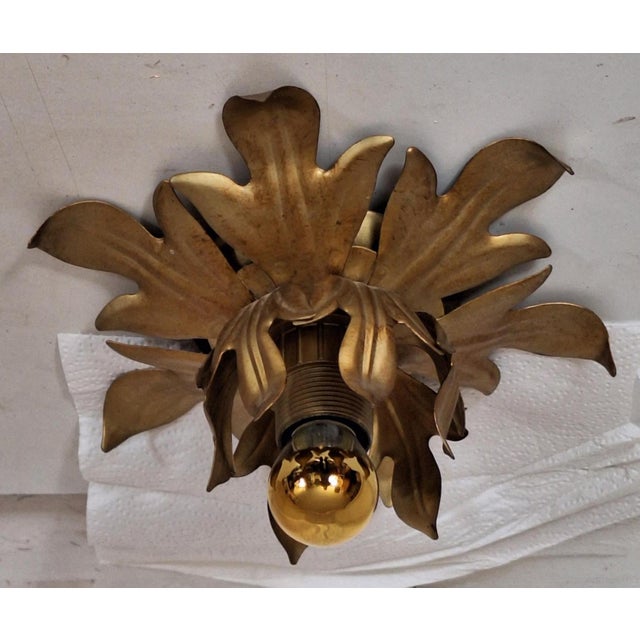 Flat Florentine Ceiling Lamp with Gold-Bronze Metal Frame, 1980s For Sale - Image 4 of 8
