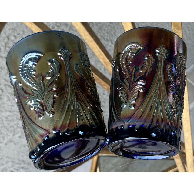 Circa 1969 St. Clair Glass Inverted Fan & Feather Carnival Reproduction Iridescent Glass Tumblers – A Pair For Sale - Image 15 of 18