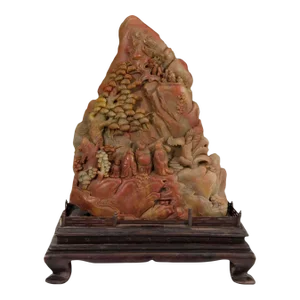 Mid 20th Century Chinese Art Carved Soapstone Mountain Scenery Sculpture With Wooden Base