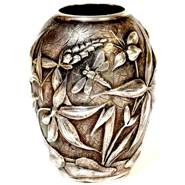 19th Century Exceptional Dominic & Haff Japonisme Sterling Cabinet Vase Dragonfly & Cobwebs For Sale - Image 5 of 11