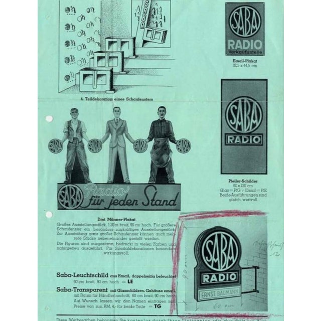 An original double-sided illuminated dealer advertising sign for saba, made in germany in the 1930s. This exact model is...
