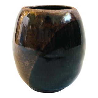 Vintage Brown Studio Pottery Vase With Overlapping Brown and Black Glazes For Sale