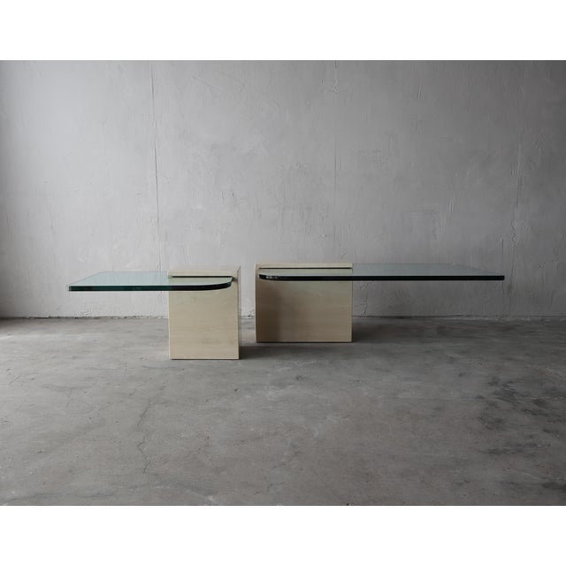 Pair of Italian Travertine and Cantilevered Glass Coffee Tables For Sale - Image 4 of 11