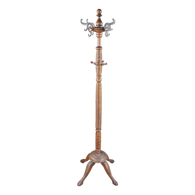 Antique Victorian Quartersawn Oak Turned Parlor Coat Rack Hall Tree 67" For Sale