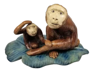 Ceramic Mother and Daughter Monkey Sitting on Large Banana Leaf Sculpture or Figurine