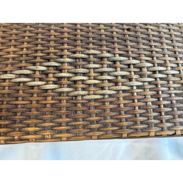 Antique Victorian Wicker Rattan Sewing Stand | Lift-Top Toile Lined, Two Drawers | Edwardian Work Table, 31in For Sale - Image 13 of 18