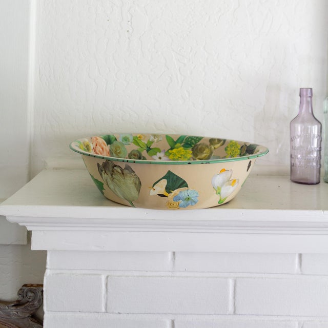 Vintage Floral Decoupage Large Enamelware Bowl For Sale - Image 10 of 12