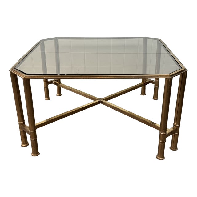 Vintage Hollywood Regency Style Brass and Smoked Glass Coffee Table, 1970s For Sale