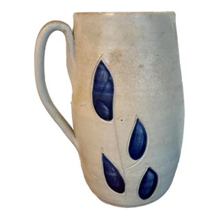 Mid-Century Williamsburg Pottery Handmade Stoneware 7” Mug With Blue Leaf Motif For Sale