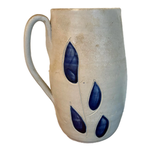 Mid-Century Williamsburg Pottery Handmade Stoneware Mug With Blue Leaf Motif