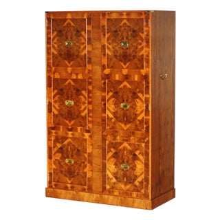 Vintage Military Campaign Burr Walnut Wardrobe with Internal Shelves For Sale