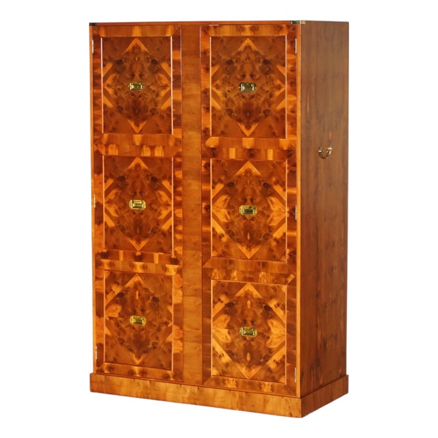 Vintage Military Campaign Burr Walnut Wardrobe with Internal Shelves For Sale