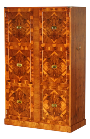 Vintage Military Campaign Burr Walnut Wardrobe with Internal Shelves