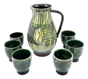 Mid-Century Modern Ceramic Set Pitcher and Mugs with Sgraffito Decoration, Italy, 1960s, Set of 7