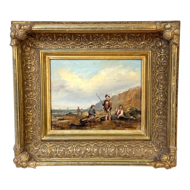 English Victorian Seascape of Boys Shrimping, Attributed to Matthew Thompson For Sale