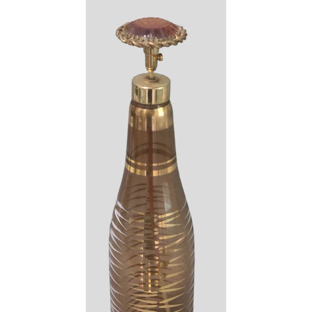 Vintage Bohemian Amber Gilded Glass Jewel Top Pump Tall Perfume Bottle For Sale - Image 4 of 7