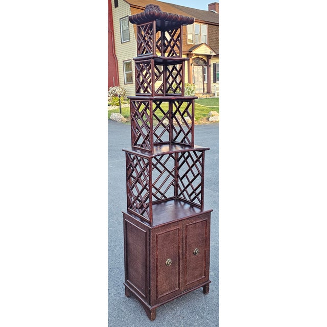 Wood 20th Century Chinese Chippendale Pagoda-Style Rattan Bookcase Étagère Cabinet For Sale - Image 7 of 13