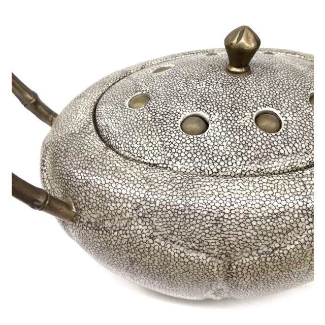 Contemporary Ceramic Lidded Bowl with Brass & Bamboo Handles For Sale - Image 3 of 10