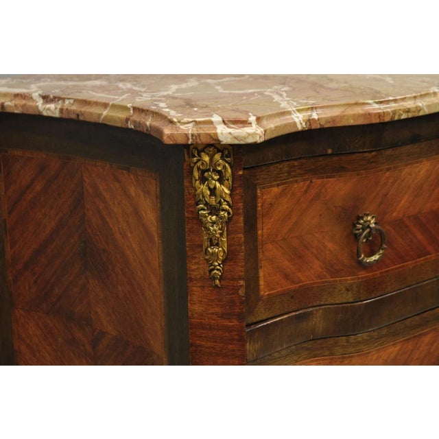 Antique French Louis XV Marquetry Inlay Marble Top Bombe Nightstand For Sale - Image 11 of 12