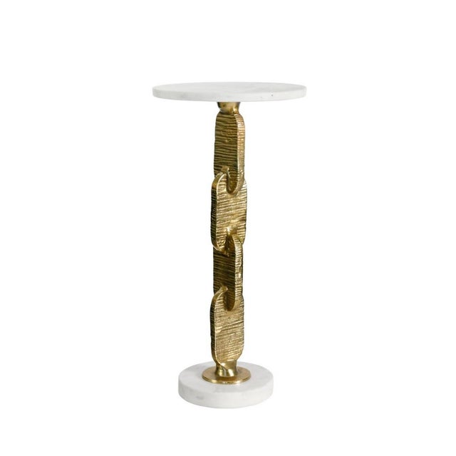 Modern brass and marble sculpture base accent table. Wonderful chair side table for drinks.
