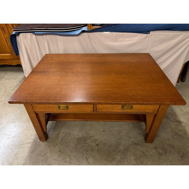 American Mission Quarter-Sawn Oak Coffee Table With Two Drawers and Lower Shelf, Circa 1890–1910 For Sale - Image 9 of 17