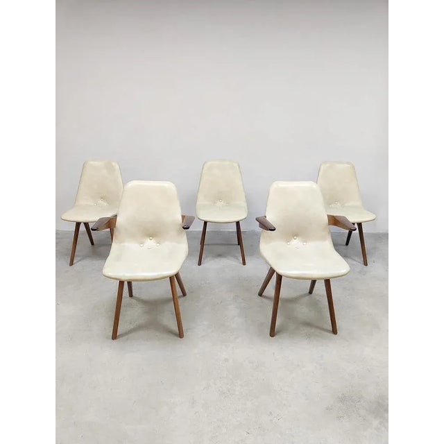 Unique set of 5 vintage Dutch design dining room chairs, produced by J. van Os in Culemborg Nederland. Period: 1950. Still...