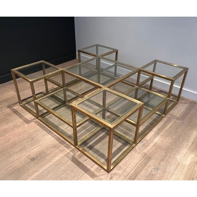 Large, multi-tiered brass coffee table. French work. Circa 1970 For Sale - Image 4 of 12