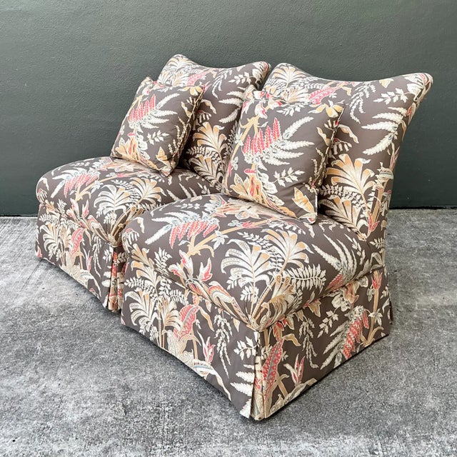 Coffee Brunschwig and Fils “Seychelles” Cotton Print Slipper Chairs For Sale - Image 8 of 12
