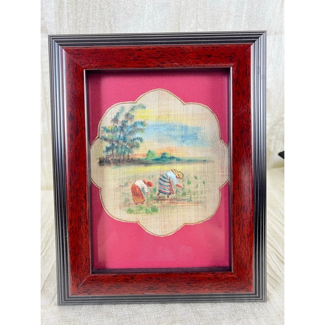 Burgundy Vintage Tropical Burlap Folk Art Gallery Wall, Set of Six Framed Hand-Painted Village Scenes For Sale - Image 8 of 12