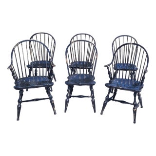 Vintage Set 6 Rustic Black Painted Windsor Chairs For Sale
