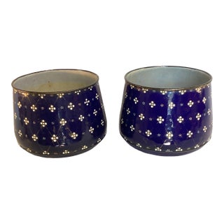 Cobalt Blue Vintage Enamelware Planters - A Pair For Sale