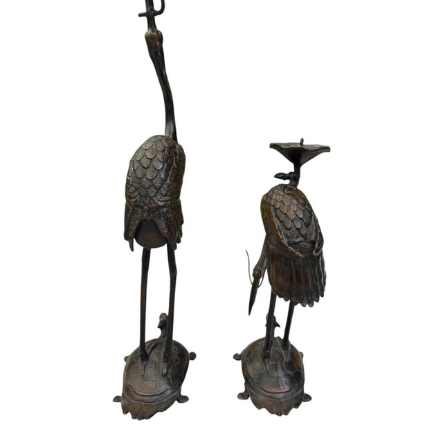 Vintage MCM Cast Iron Crane Heron Candlestick Holders Turtle Base Japan Pair For Sale In Philadelphia - Image 6 of 18