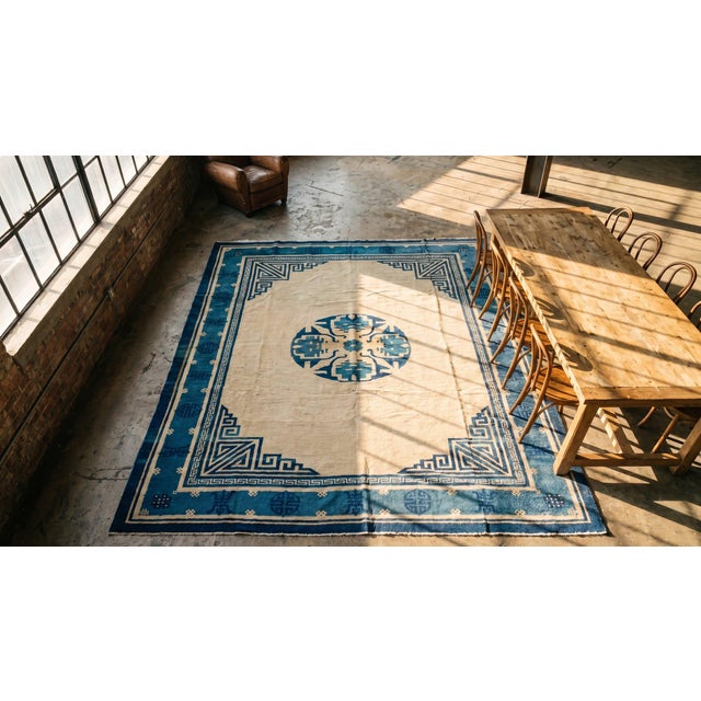 Cute Beige Background and Blue Border Color Traditional Medallion Design Antique Chinese Peking Rug For Sale In New York - Image 6 of 8
